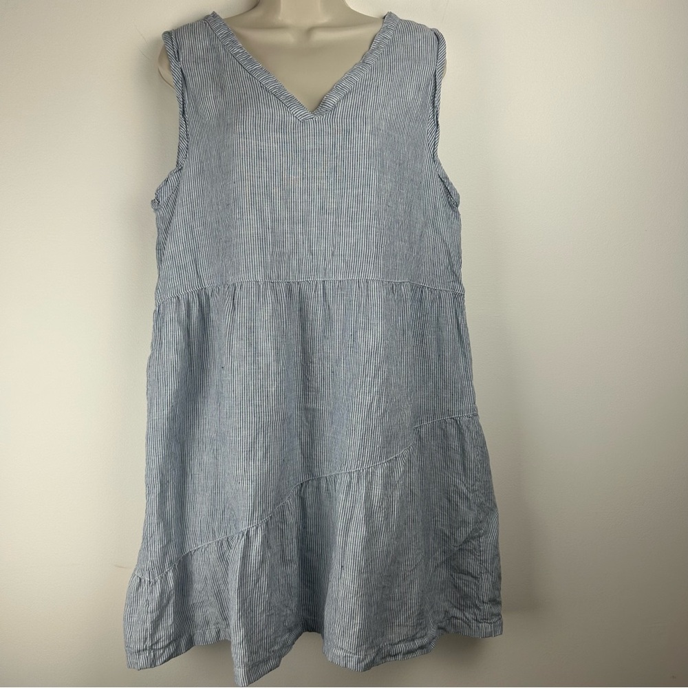 Lucky Brand Blue Striped V Neck Asymmetrical Tiered Linen Dress sz XL Coastal - Picture 3 of 14